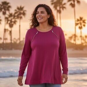 d&co Active Women's Magenta Zipper Detail Tunic Top Plus Size‎ 3X QVC